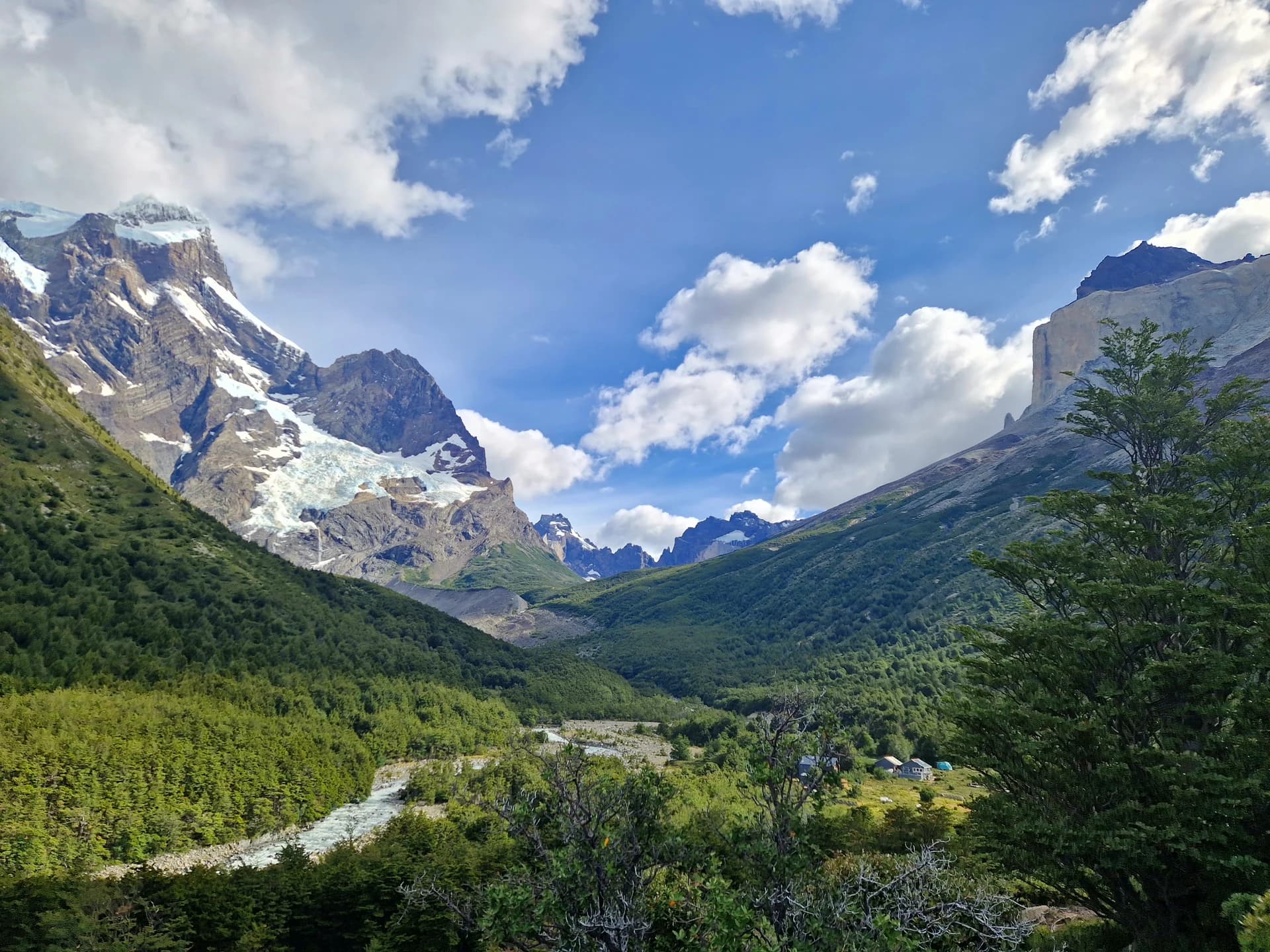 Looking into the French Valley with the hanging glacier on the side of Paine Grande
