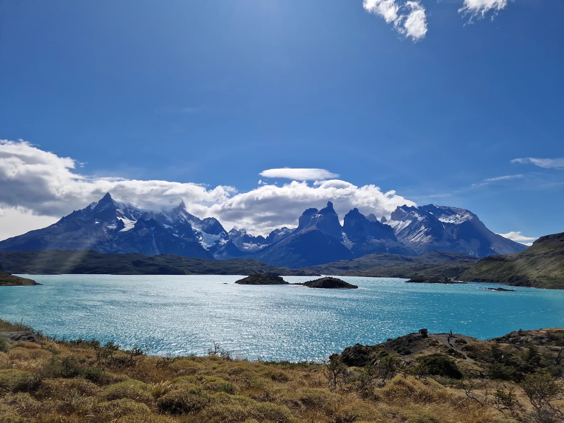 The Cuernos del Paine seen across the turquoise water of Lake Pehoé from Camping Pehoé