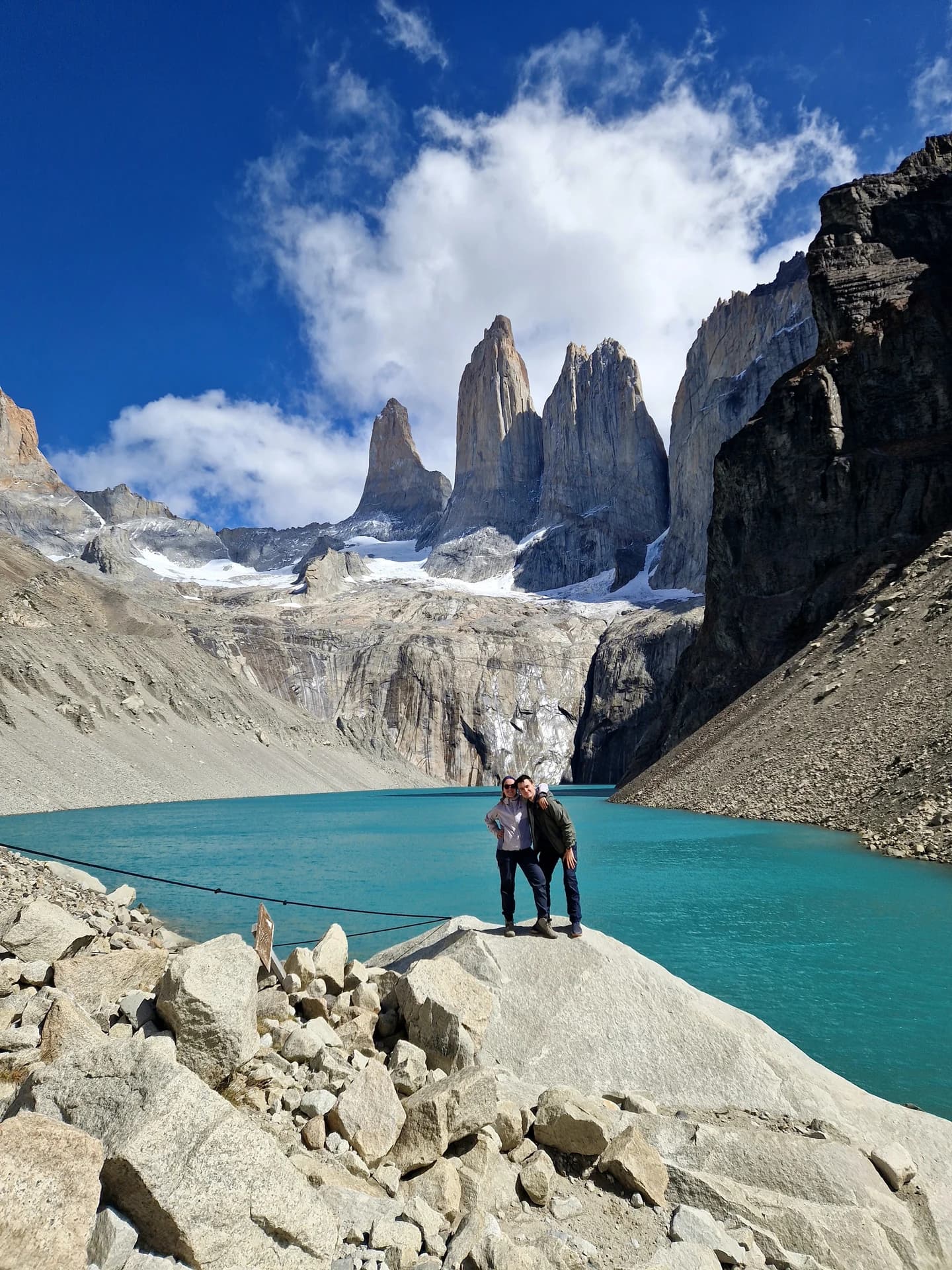 The three granite towers above the glacial lake at Mirador Base Torres