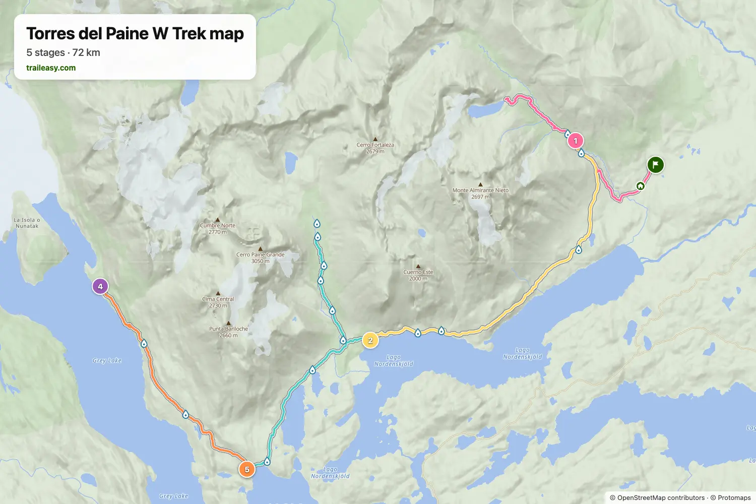 Map of the Torres del Paine W Trek
